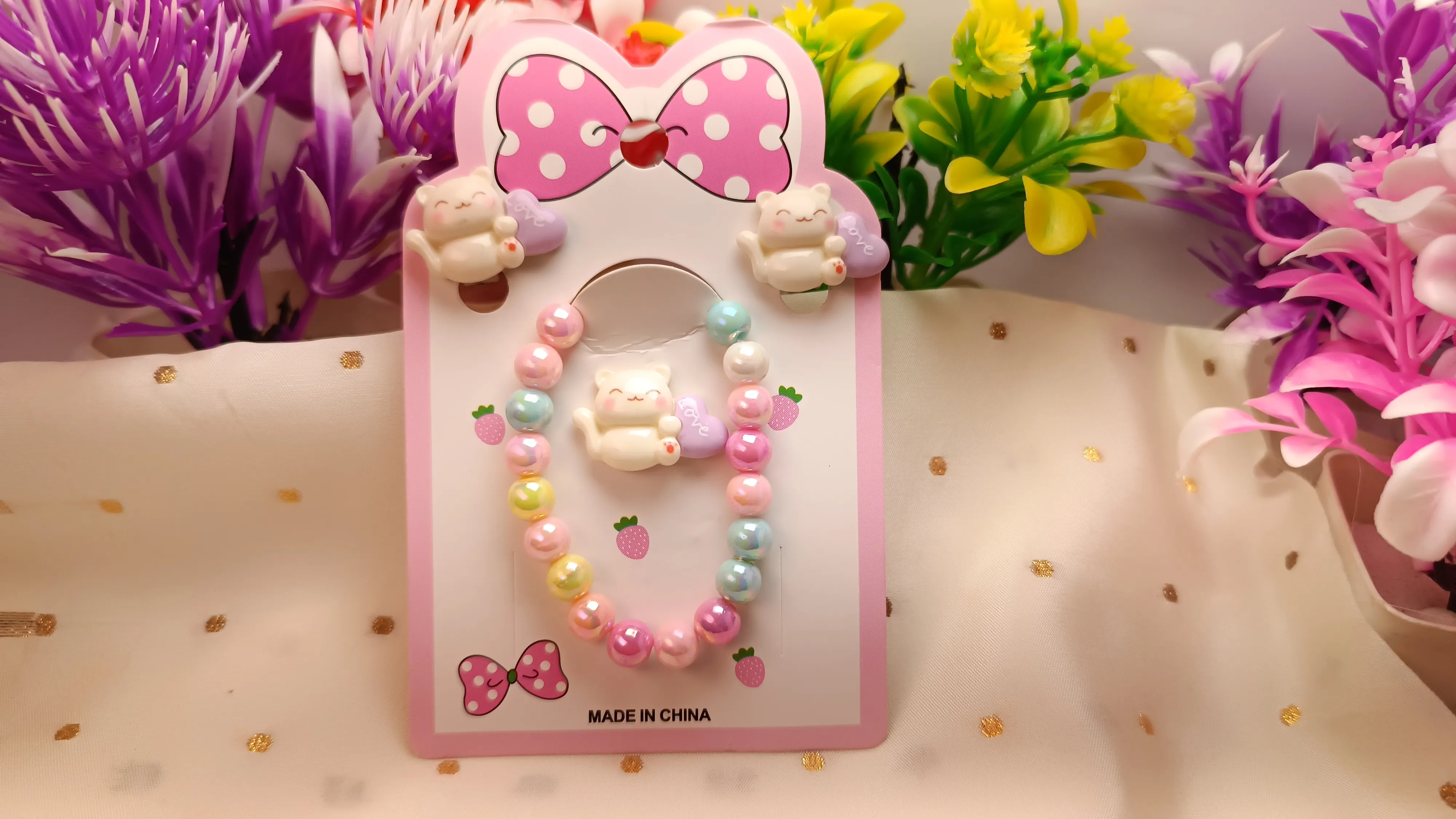 Kids' 4-Piece Pastel Jewelry Set – Includes Stretch Bracelet, Adjustable Ring, and Clip-On Earrings